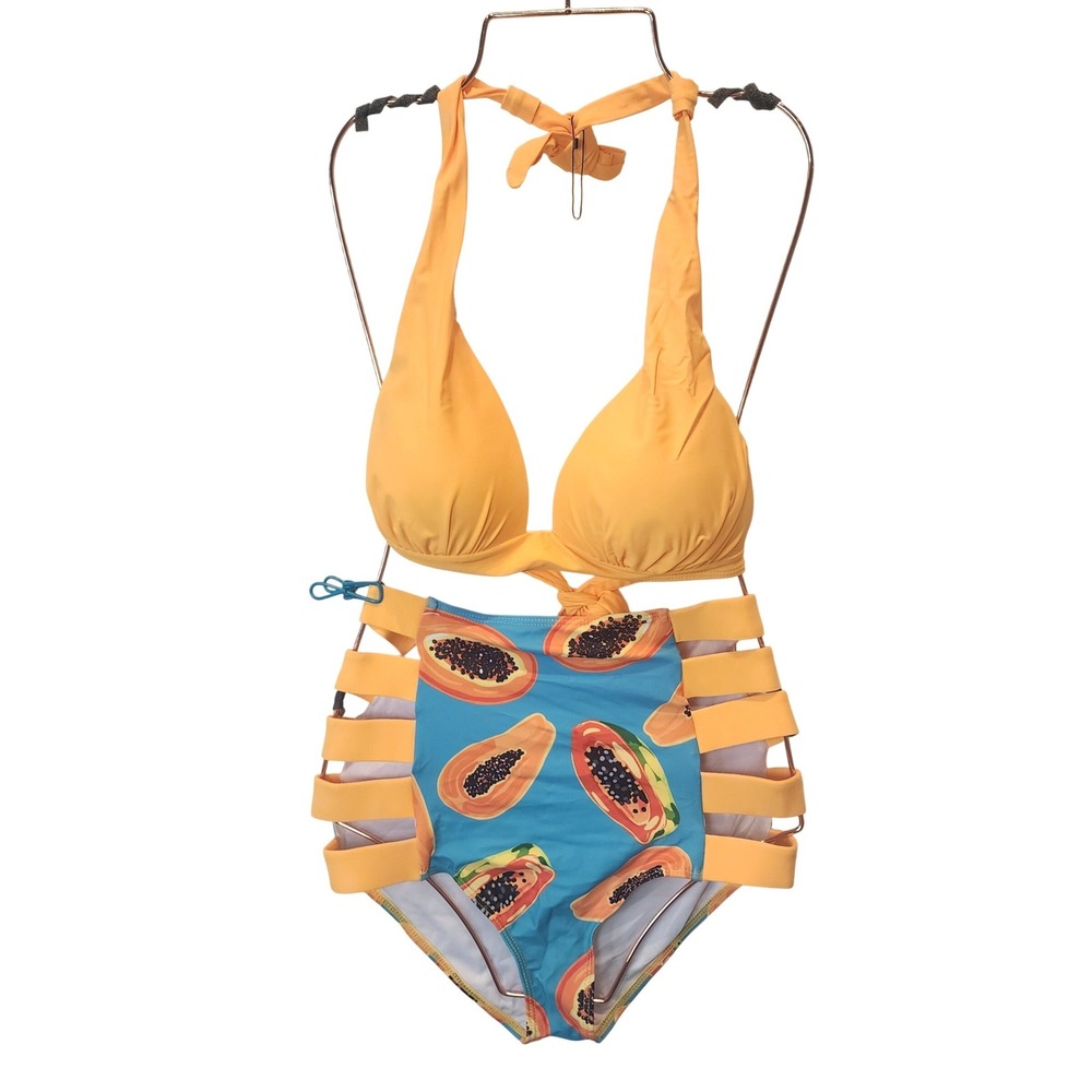 Sporlike Tropical Bikini Set Women M Orange Papaya High Waist Cut Out 641 NWT